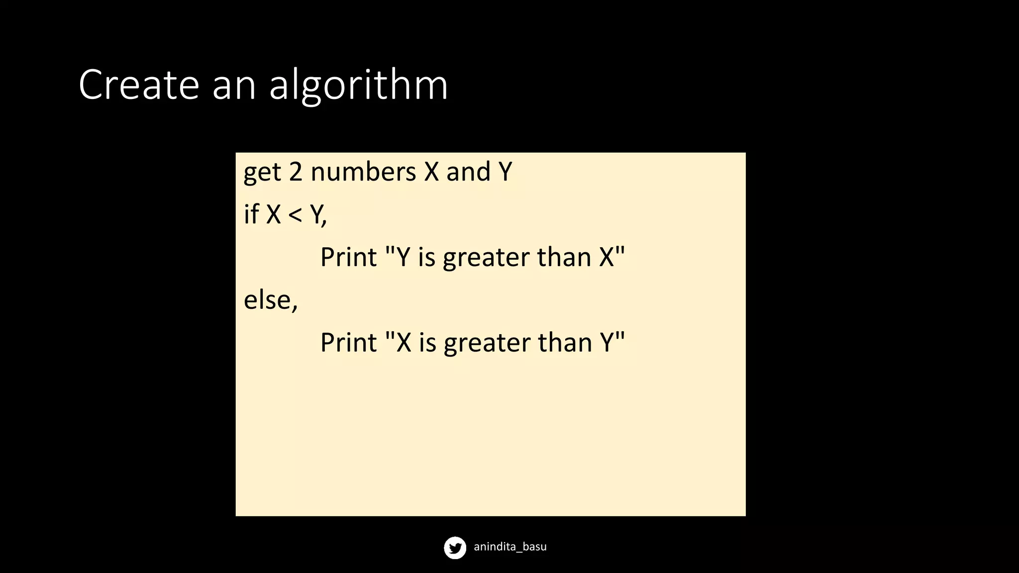 anindita_basu
Create an algorithm
get 2 numbers X and Y
if X < Y,
Print "Y is greater than X"
else,
Print "X is greater than Y"
 