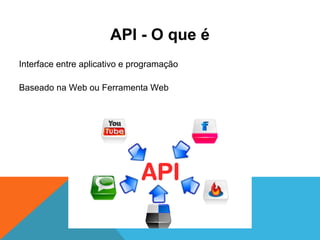 API - O que é
Interface entre aplicativo e programação

Baseado na Web ou Ferramenta Web
 