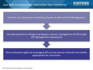 Use APIs to Extend and Externalize Your Enterprise
Entire Contents © 2016, Fiorano Software Inc. All rights reserved;
Drive enterprise agility by leveraging APIs across partner channels and mobile
applications for consumers
Use best practices to design and deploy a secure, managed set of APIs to get
API Management operational
Educate your Executive and Technical teams on APIs and API Management
 
