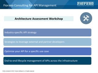 Fiorano Consulting for API Management
Architecture Assessment Workshop
Entire Contents © 2016, Fiorano Software Inc. All rights reserved;
Industry-specific API strategy
Strategies to leverage external and partner developers
Optimize your API for a specific use case
End-to-end lifecycle management of APIs across the infrastructure
 