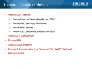 4
Fiorano… Product portfolio…
 Fiorano SOA Platform
 Fiorano Enterprise Service Bus (Fiorano ESB™)
 FioranoMQ® (Messaging Middleware)
 Fiorano Micro Services
 Fiorano IDE, Components, Adapters and Tools
 Fiorano API Management
 Fiorano B2B
 Fiorano Cloud Platform
 Fiorano Solution Accelerators: Temenos T24, SWIFT, SAP and
Salesforce.Com
 