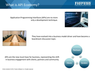 What is API Economy?
They have evolved into a business model driver and have become a
boardroom discussion topic.
Application Programming Interfaces (APIs) are no more
only a development technique.
APIs are the new must-have for business, representing the shift
in business engagement with clients, partners and community.
Partners
VendorsClients
Entire Contents © 2016, Fiorano Software Inc. All rights reserved;
 
