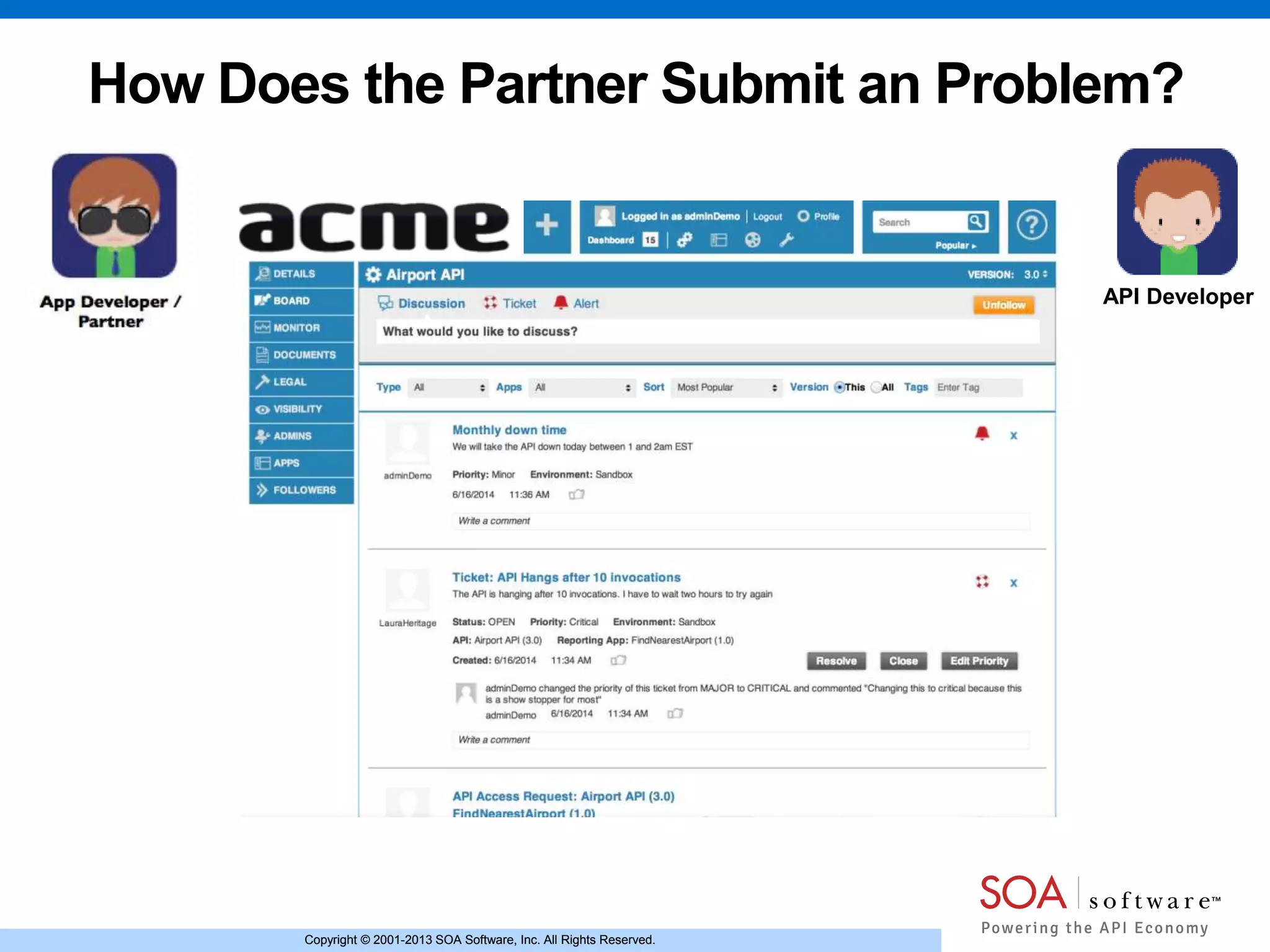 Copyright © 2001-2013 SOA Software, Inc. All Rights Reserved.Copyright © 2001-2013 SOA Software, Inc. All Rights Reserved.
How Does the Partner Submit an Problem?
API Developer
 