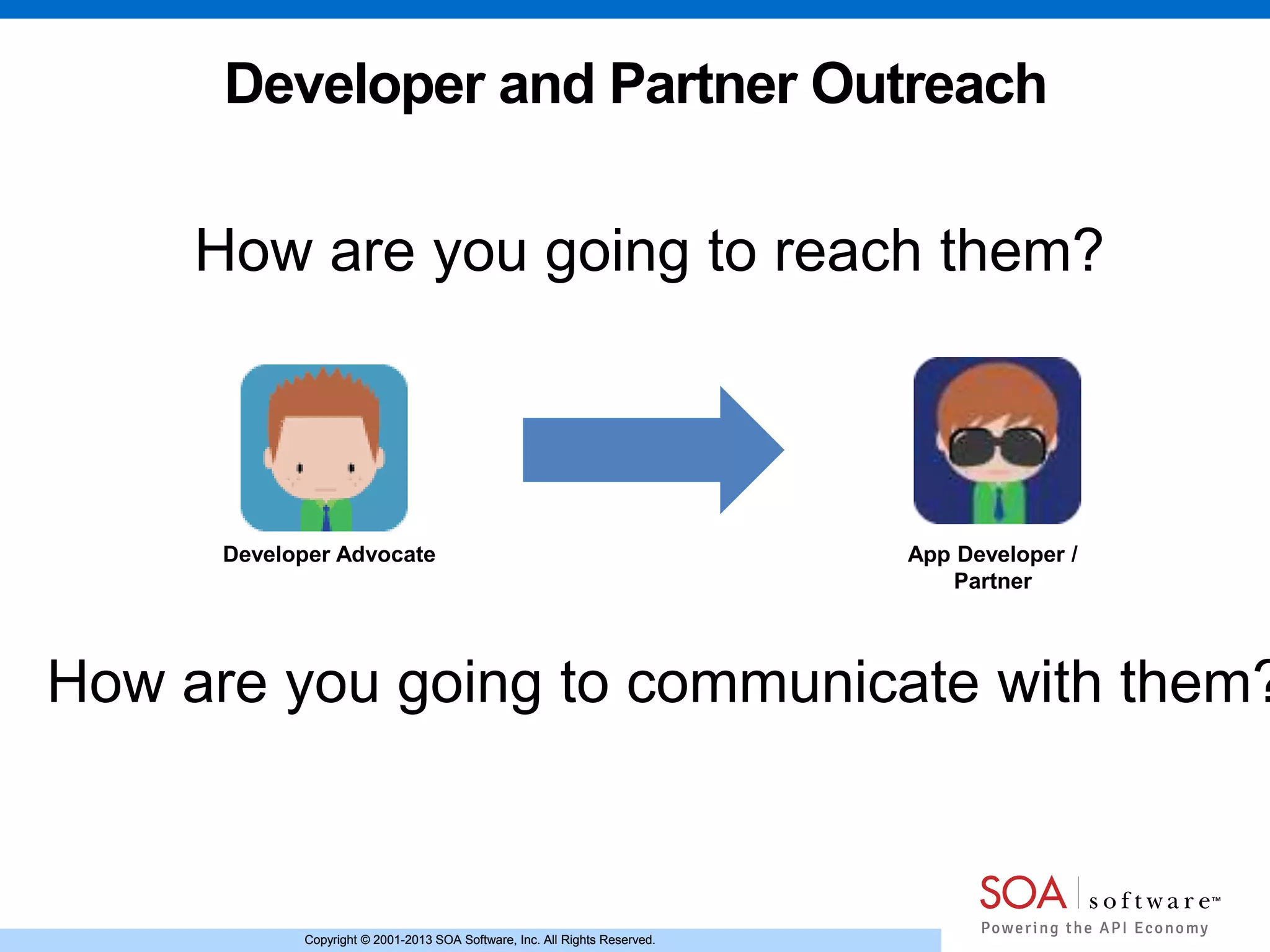 Copyright © 2001-2013 SOA Software, Inc. All Rights Reserved.Copyright © 2001-2013 SOA Software, Inc. All Rights Reserved.
Developer and Partner Outreach
App Developer /
Partner
Developer Advocate
How are you going to reach them?
How are you going to communicate with them?
 