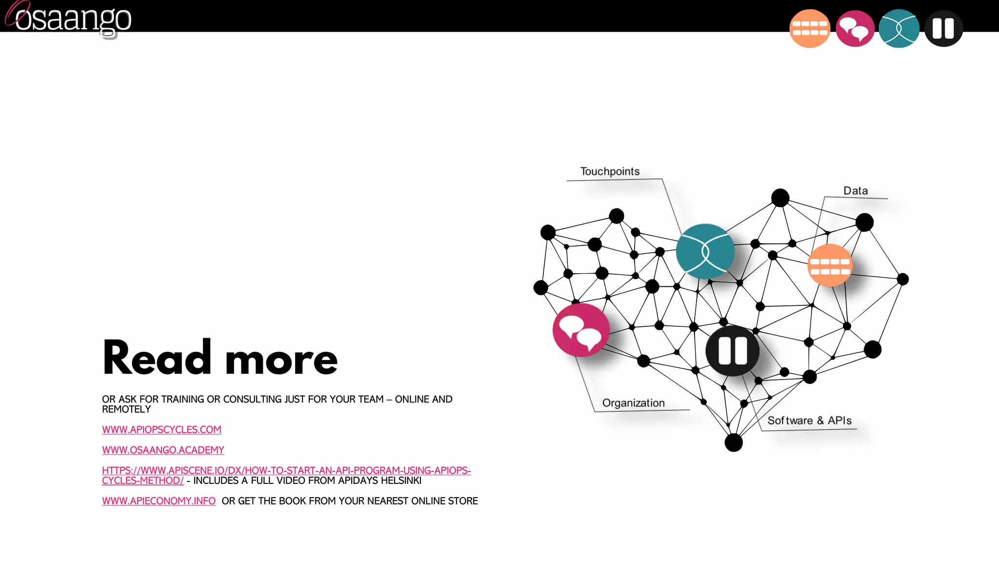 Read more
OR ASK FOR TRAINING OR CONSULTING JUST FOR YOUR TEAM – ONLINE AND
REMOTELY
WWW.APIOPSCYCLES.COM
WWW.OSAANGO.ACADEMY
HTTPS://WWW.APISCENE.IO/DX/HOW-TO-START-AN-API-PROGRAM-USING-APIOPS-
CYCLES-METHOD/ - INCLUDES A FULL VIDEO FROM APIDAYS HELSINKI
WWW.APIECONOMY.INFO OR GET THE BOOK FROM YOUR NEAREST ONLINE STORE
 