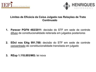 Limites de Eficácia da Coisa Julgada nas Relações de Trato
Continuado
1. Parecer PGFN 492/2011: decisão do STF em sede de controle
difuso de constitucionalidade reiterada em julgados posteriores
2. EDcl nos EAg 991.788: decisão do STF em sede de controle
concentrado de constitucionalidade transitada em julgado
3. REsp 1.118.893/MG: lei nova
 