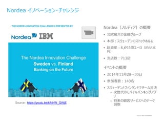 © 2015 IBM Corporation
Source : https://youtu.be/kfkInW_GWjE
Nordea イノベーション・チャレンジ
Nordea（ノルディア）の概要
 北欧最大の金融グループ
 本部：スウェーデンのストックホルム
 総資産：6,693億ユーロ（約88兆
円）
 支店数：713店
イベントの概要
 2014年11月28～30日
 参加者数：140名
 スウェーデンとフィンランドでチーム対決
– 次世代のモバイルバンキングアプ
リ
– 将来の顧客サービスへのデータ
洞察
 