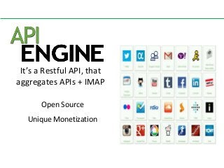 It’s a Restful API, that
aggregates APIs + IMAP
Open Source
Unique Monetization

 
