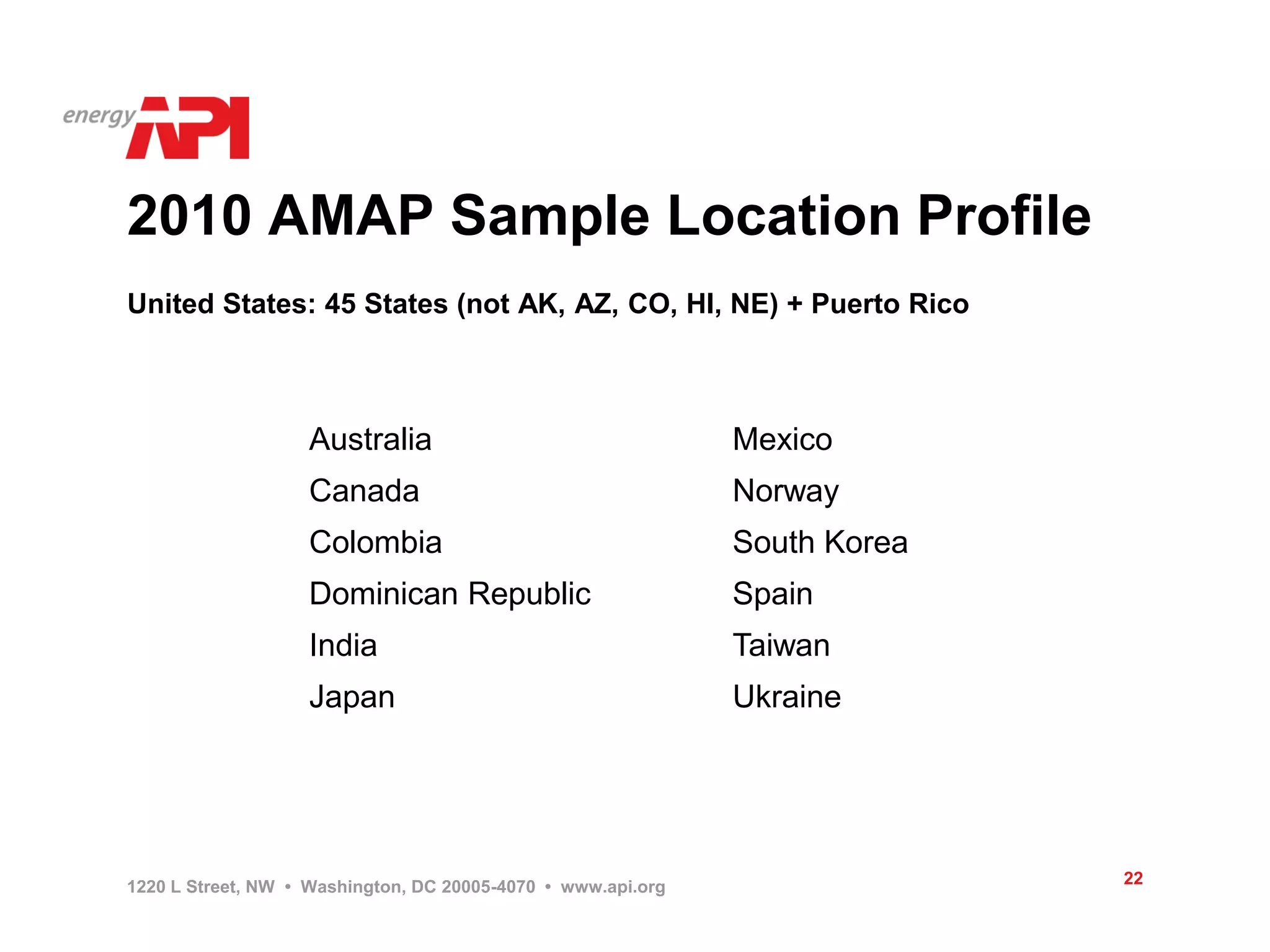 2010 AMAP Sample Location Profile
United States: 45 States (not AK, AZ, CO, HI, NE) + Puerto Rico



                   Australia                                  Mexico
                   Canada                                     Norway
                   Colombia                                   South Korea
                   Dominican Republic                         Spain
                   India                                      Taiwan
                   Japan                                      Ukraine




1220 L Street, NW • Washington, DC 20005-4070 • www.api.org                 22
 
