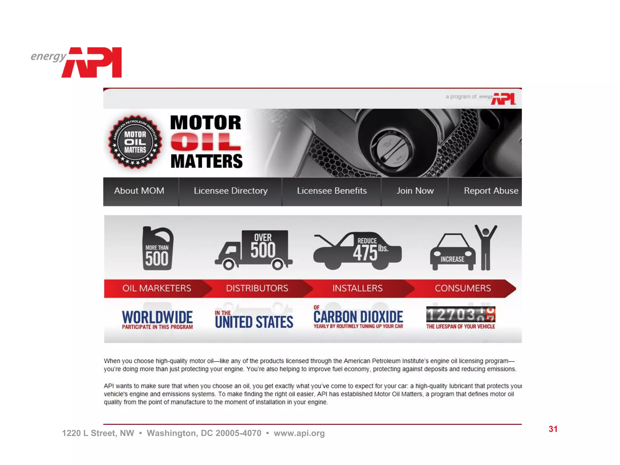 API Motor Oil
Matters Web
Site




   1220 L Street, NW • Washington, DC 20005-4070 • www.api.org   31
 