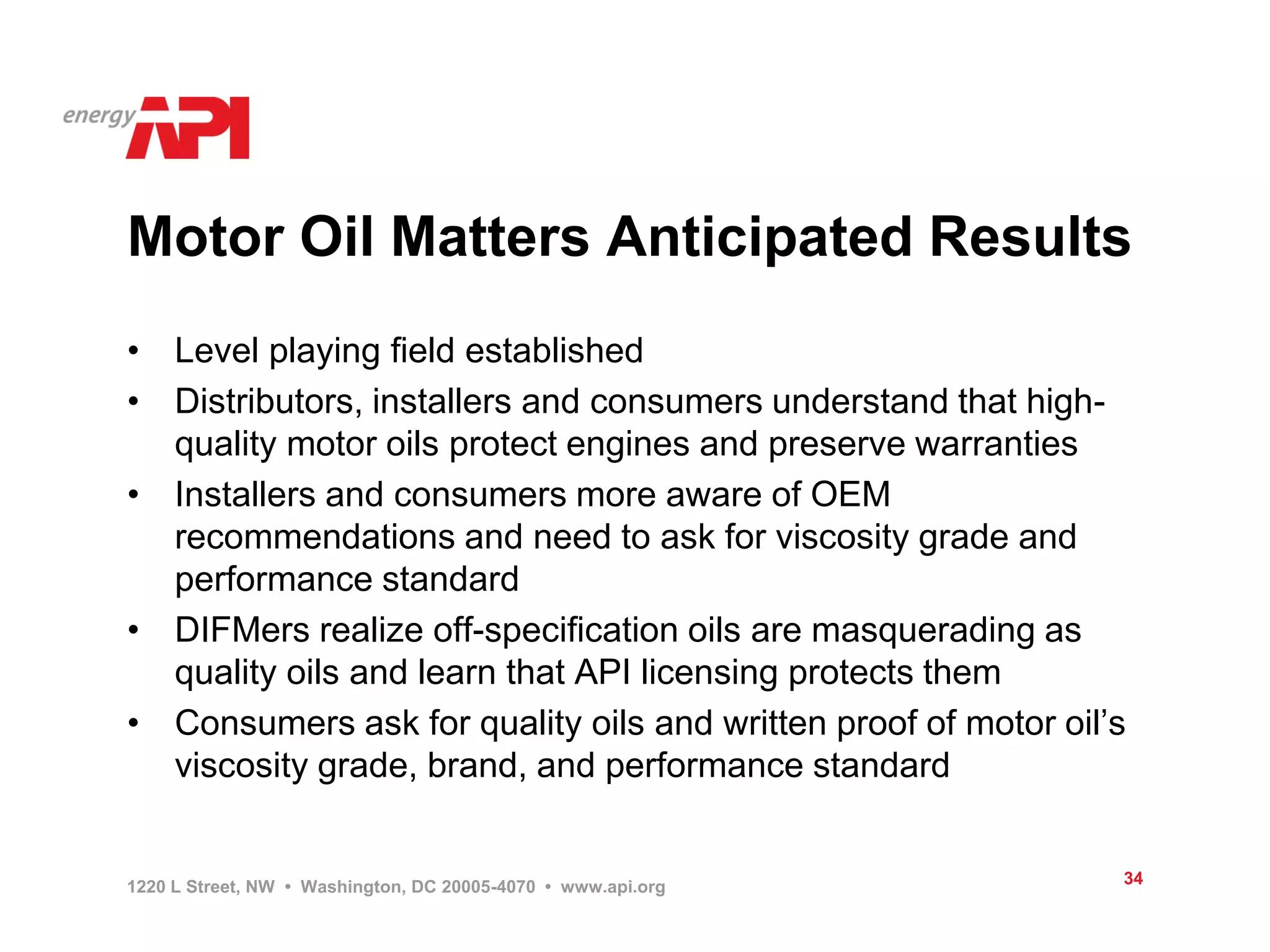 Motor Oil Matters Anticipated Results
• Level playing field established
• Distributors, installers and consumers understand that high-
  quality motor oils protect engines and preserve warranties
• Installers and consumers more aware of OEM
  recommendations and need to ask for viscosity grade and
  performance standard
• DIFMers realize off-specification oils are masquerading as
  quality oils and learn that API licensing protects them
• Consumers ask for quality oils and written proof of motor oil’s
  viscosity grade, brand, and performance standard


1220 L Street, NW • Washington, DC 20005-4070 • www.api.org     34
 