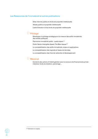 24
	Sites internet publics et droits de propriété intellectuelle
	Achats publics et propriété intellectuelle
	L’administration et les droits de propriété intellectuelle
Pilotage
	Développer le pilotage stratégique et la mesure des actifs immatériels
	 des entités publiques
	 Patrimoine immatériel public : quels enjeux ?
	 Public Sector Intangible Assets:The Main Issues**
	La comptabilisation des actifs immatériels, enjeux et applications
	La comptabilisation des logiciels et bases de données
	La comptabilisation des frais de recherche et développement
Mécénat
	 Conduire des actions d’intérêt général avec le concours de financements privés : 	
	 mécénat, fonds de dotation, parrainage...
** Publication en anglais
Les Ressources de l’immatériel et autres publications
 