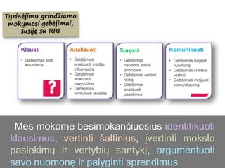 Mes mokome besimokančiuosius identifikuoti
klausimus, vertinti šaltinius, įvertinti mokslo
pasiekimų ir vertybių santykį, argumentuoti
savo nuomonę ir palyginti sprendimus.
• Devise questions
Komunikuoti
• Gebėjimas pagrįsti
nuomonę
• Gebėjimas kritiškai
vertinti
• Gebėjimas inicijuoti
komunikavimą
Klausti
• Gebėjimas kelti
klausimus
Analizuoti
• Gebėjimas
analizuoti medijų
informaciją
• Gebėjimas
analizuoti
pavyzdžius
• Gebėjimas
formuluoti išvadas
Spręsti
• Gebėjimas
naudotis etikos
principais
• Gebėjimas vertinti
riziką
• Gebėjimas
analizuoti
pasekmes
 