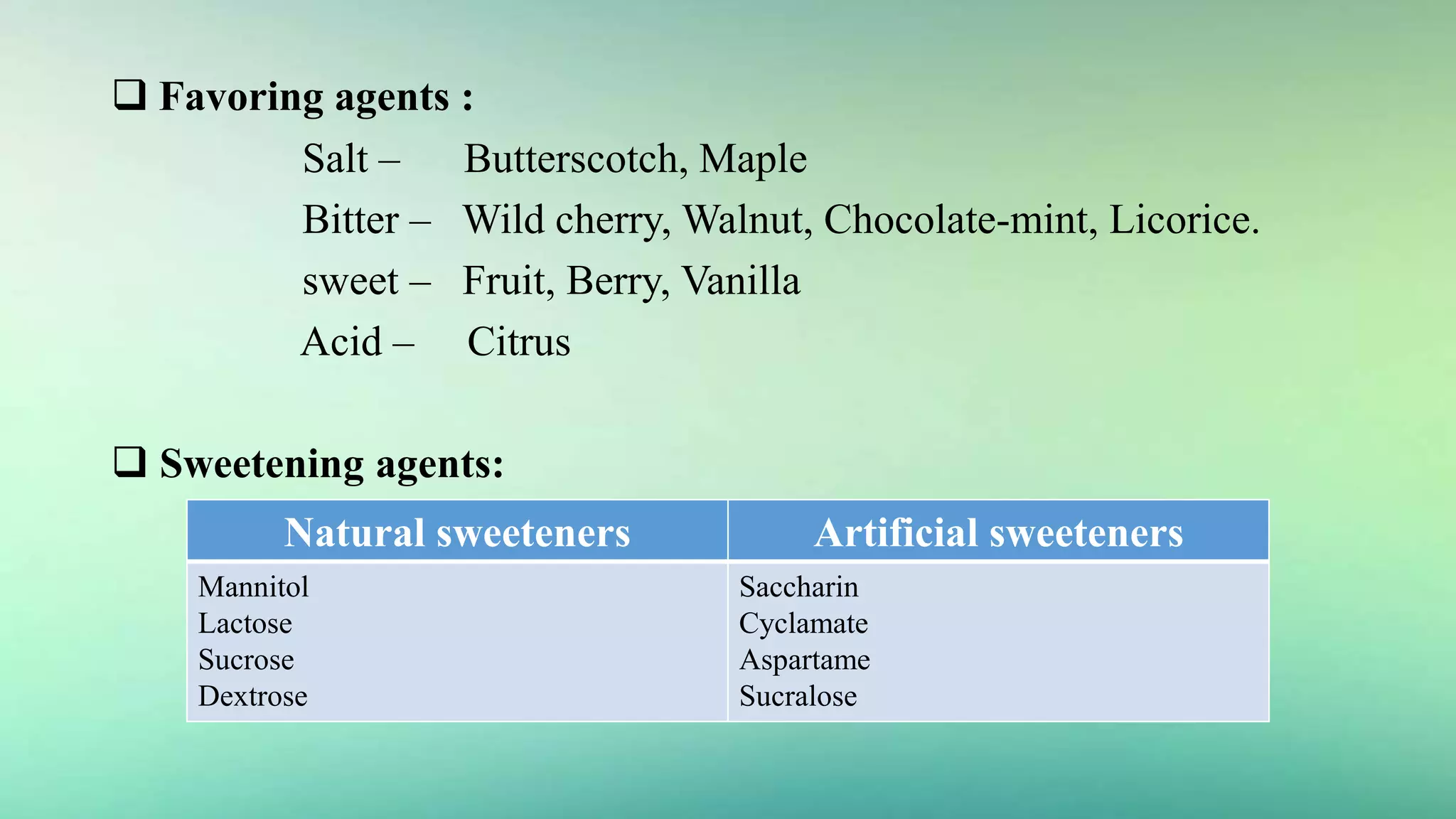  Favoring agents :
Salt – Butterscotch, Maple
Bitter – Wild cherry, Walnut, Chocolate-mint, Licorice.
sweet – Fruit, Berry, Vanilla
Acid – Citrus
 Sweetening agents:
Natural sweeteners Artificial sweeteners
Mannitol
Lactose
Sucrose
Dextrose
Saccharin
Cyclamate
Aspartame
Sucralose
 