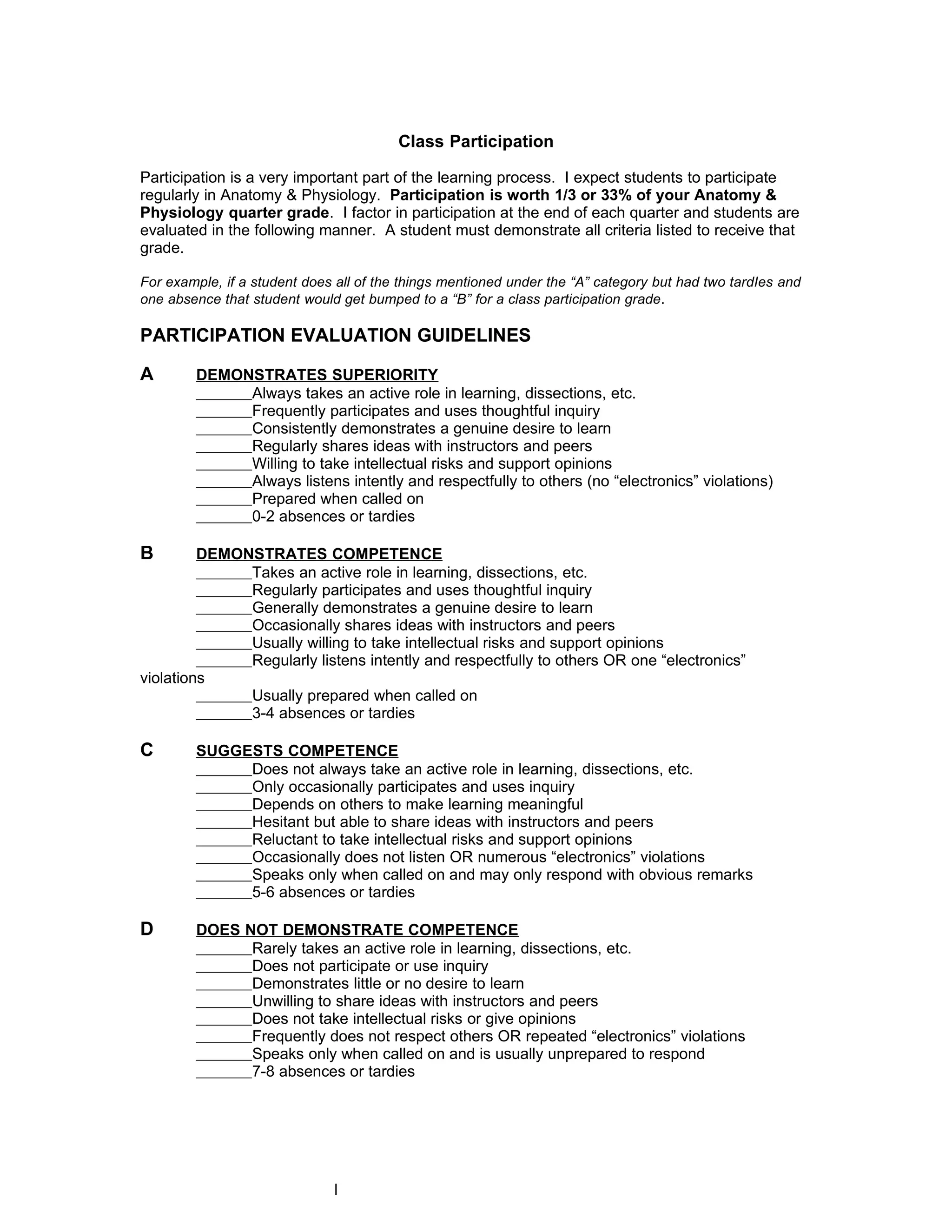 Class Participation

Participation is a very important part of the learning process. I expect students to participate
regularly in Anatomy & Physiology. Participation is worth 1/3 or 33% of your Anatomy &
Physiology quarter grade. I factor in participation at the end of each quarter and students are
evaluated in the following manner. A student must demonstrate all criteria listed to receive that
grade.

For example, if a student does all of the things mentioned under the “A” category but had two tardIes and
one absence that student would get bumped to a “B” for a class participation grade.

PARTICIPATION EVALUATION GUIDELINES

A       DEMONSTRATES SUPERIORITY
             Always takes an active role in learning, dissections, etc.
             Frequently participates and uses thoughtful inquiry
             Consistently demonstrates a genuine desire to learn
             Regularly shares ideas with instructors and peers
             Willing to take intellectual risks and support opinions
             Always listens intently and respectfully to others (no “electronics” violations)
             Prepared when called on
             0-2 absences or tardies

B        DEMONSTRATES COMPETENCE
              Takes an active role in learning, dissections, etc.
              Regularly participates and uses thoughtful inquiry
              Generally demonstrates a genuine desire to learn
              Occasionally shares ideas with instructors and peers
              Usually willing to take intellectual risks and support opinions
              Regularly listens intently and respectfully to others OR one “electronics”
violations
              Usually prepared when called on
              3-4 absences or tardies

C       SUGGESTS COMPETENCE
             Does not always take an active role in learning, dissections, etc.
             Only occasionally participates and uses inquiry
             Depends on others to make learning meaningful
             Hesitant but able to share ideas with instructors and peers
             Reluctant to take intellectual risks and support opinions
             Occasionally does not listen OR numerous “electronics” violations
             Speaks only when called on and may only respond with obvious remarks
             5-6 absences or tardies

D       DOES NOT DEMONSTRATE COMPETENCE
              Rarely takes an active role in learning, dissections, etc.
              Does not participate or use inquiry
              Demonstrates little or no desire to learn
              Unwilling to share ideas with instructors and peers
              Does not take intellectual risks or give opinions
              Frequently does not respect others OR repeated “electronics” violations
              Speaks only when called on and is usually unprepared to respond
              7-8 absences or tardies
 