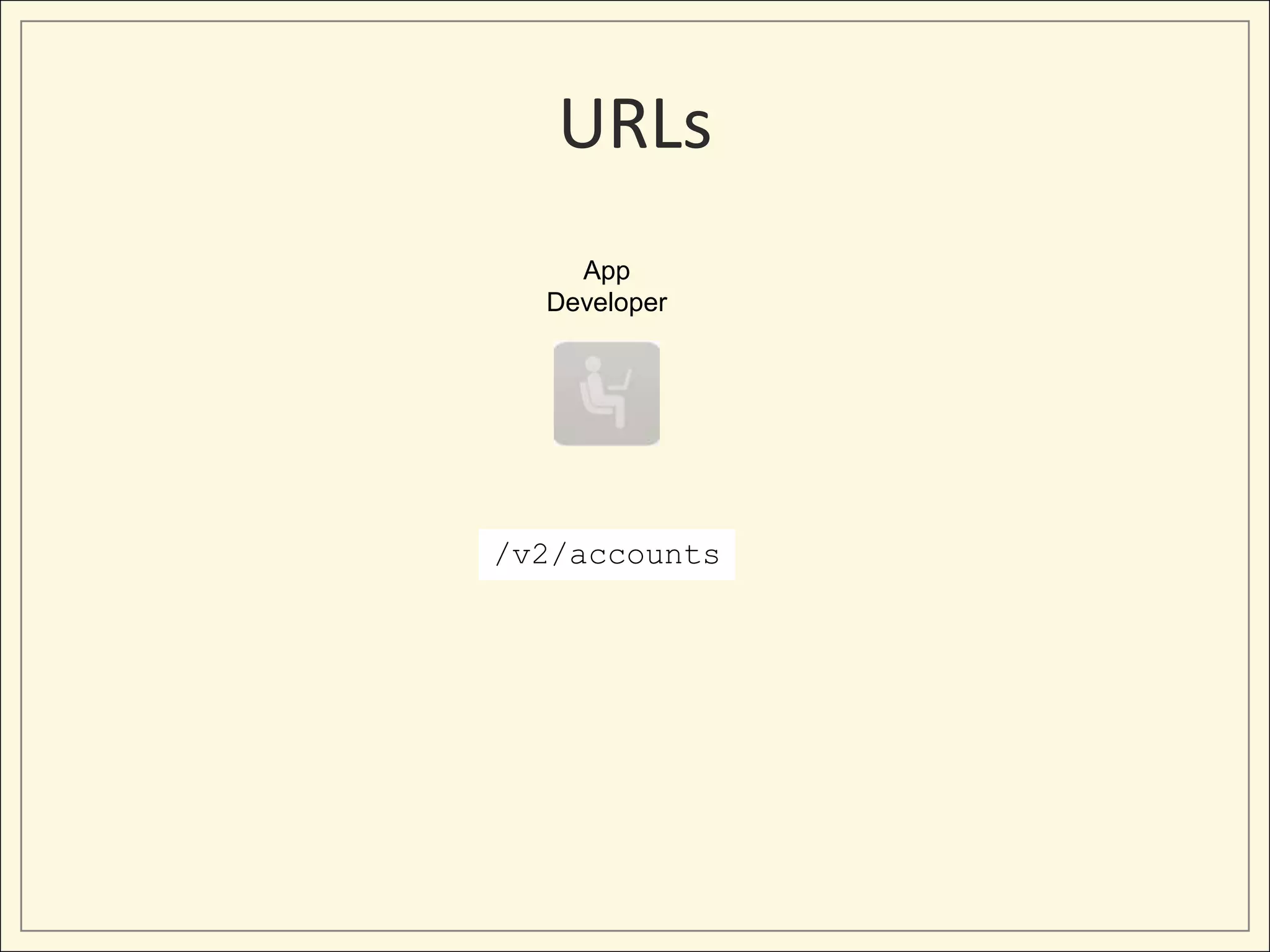 URLs
    App
  Developer




/v2/accounts
 
