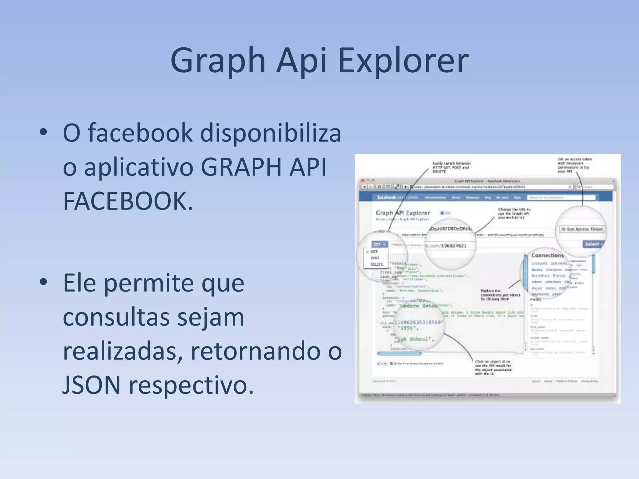 Graph Api Explorer
• O facebook disponibiliza
  o aplicativo GRAPH API
  FACEBOOK.

• Ele permite que
  consultas sejam
  realizadas, retornando o
  JSON respectivo.
 