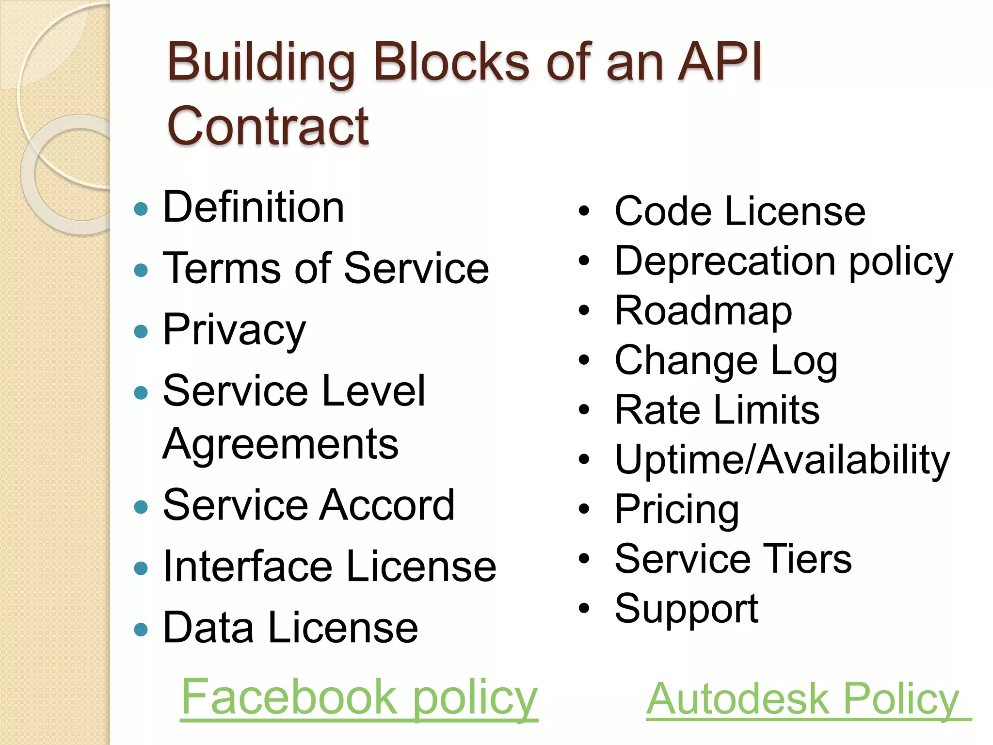 Building Blocks of an API 
Contract 
 Definition 
 Terms of Service 
 Privacy 
 Service Level 
Agreements 
 Service Accord 
 Interface License 
 Data License 
• Code License 
• Deprecation policy 
• Roadmap 
• Change Log 
• Rate Limits 
• Uptime/Availability 
• Pricing 
• Service Tiers 
• Support 
Facebook policy Autodesk Policy 
 