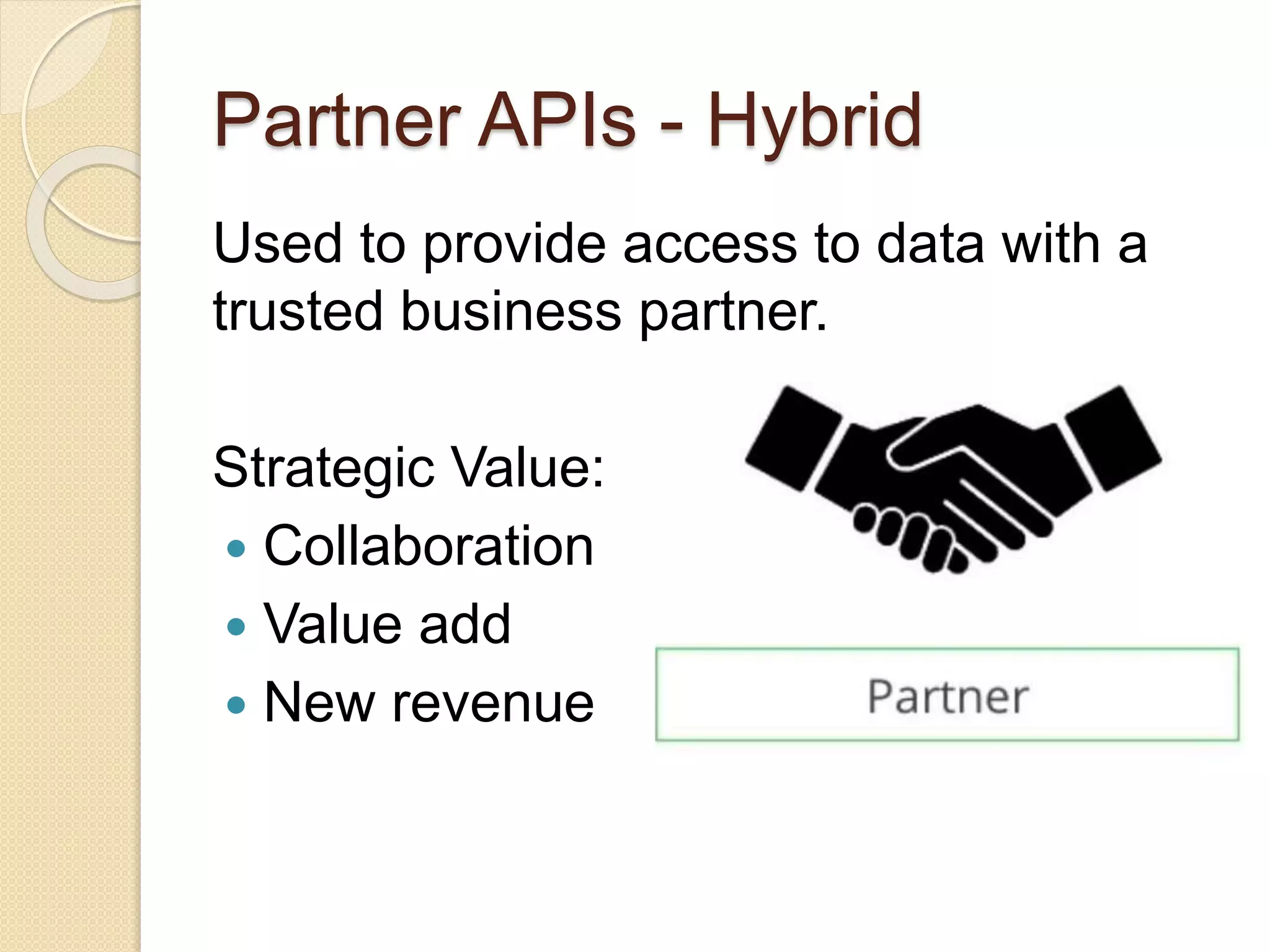 Partner APIs - Hybrid 
Used to provide access to data with a 
trusted business partner. 
Strategic Value: 
 Collaboration 
 Value add 
 New revenue 
 
