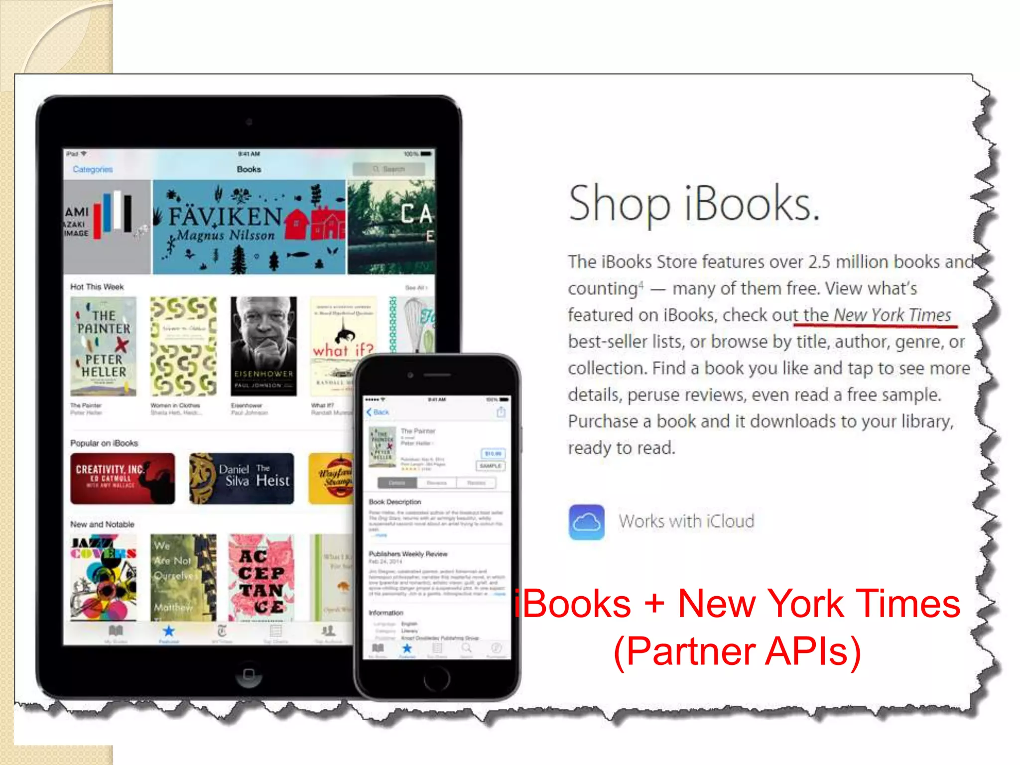 Partner APIs - Hybrid 
Used to provide access to data with a 
trusted business partner. 
Strategic Value: 
 Collaboration 
 Value add 
 New revenue 
iBooks + New York Times 
(Partner APIs) 
 