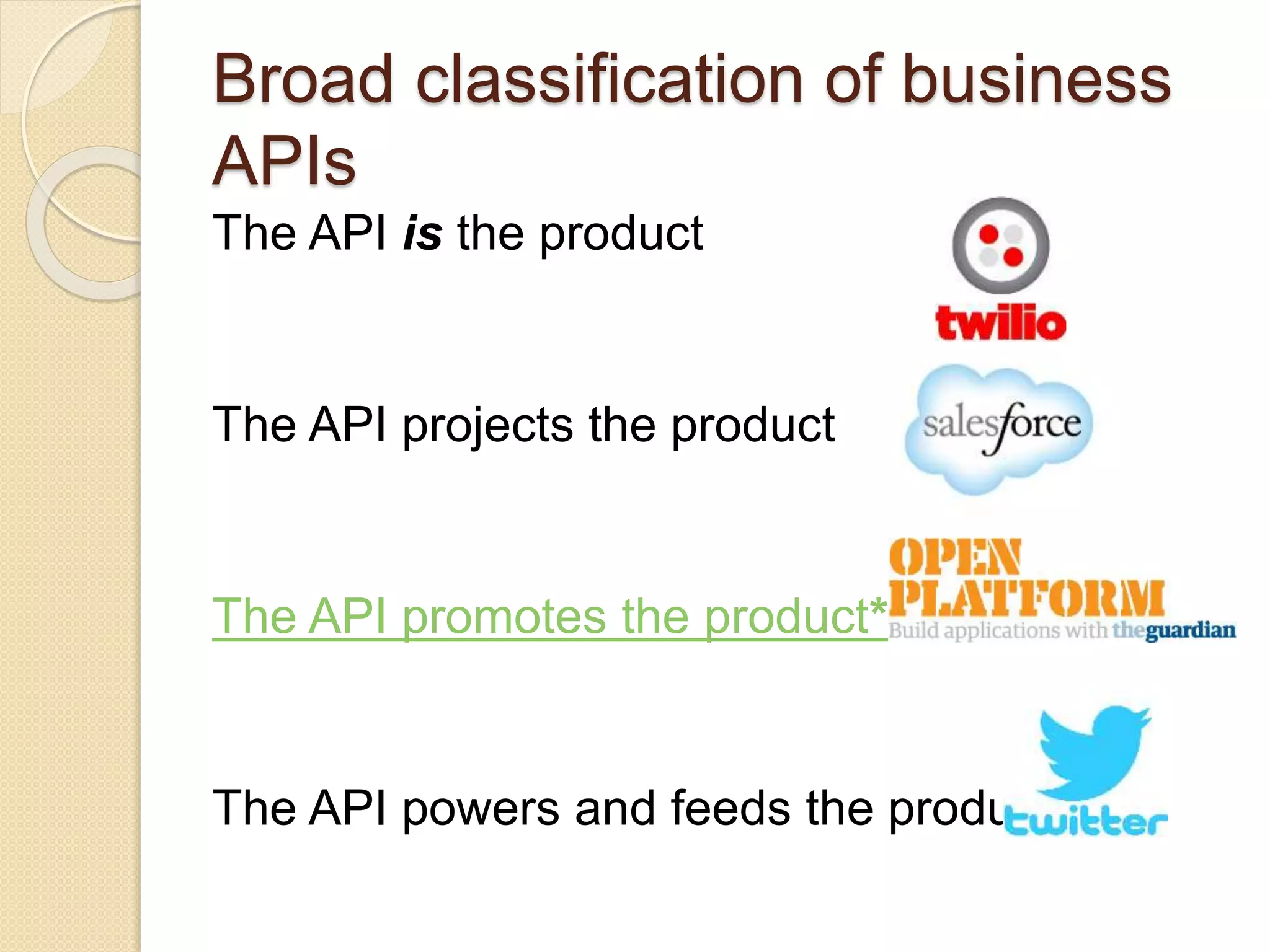 Broad classification of business 
APIs 
The API is the product 
The API projects the product 
The API promotes the product* 
The API powers and feeds the product 
 
