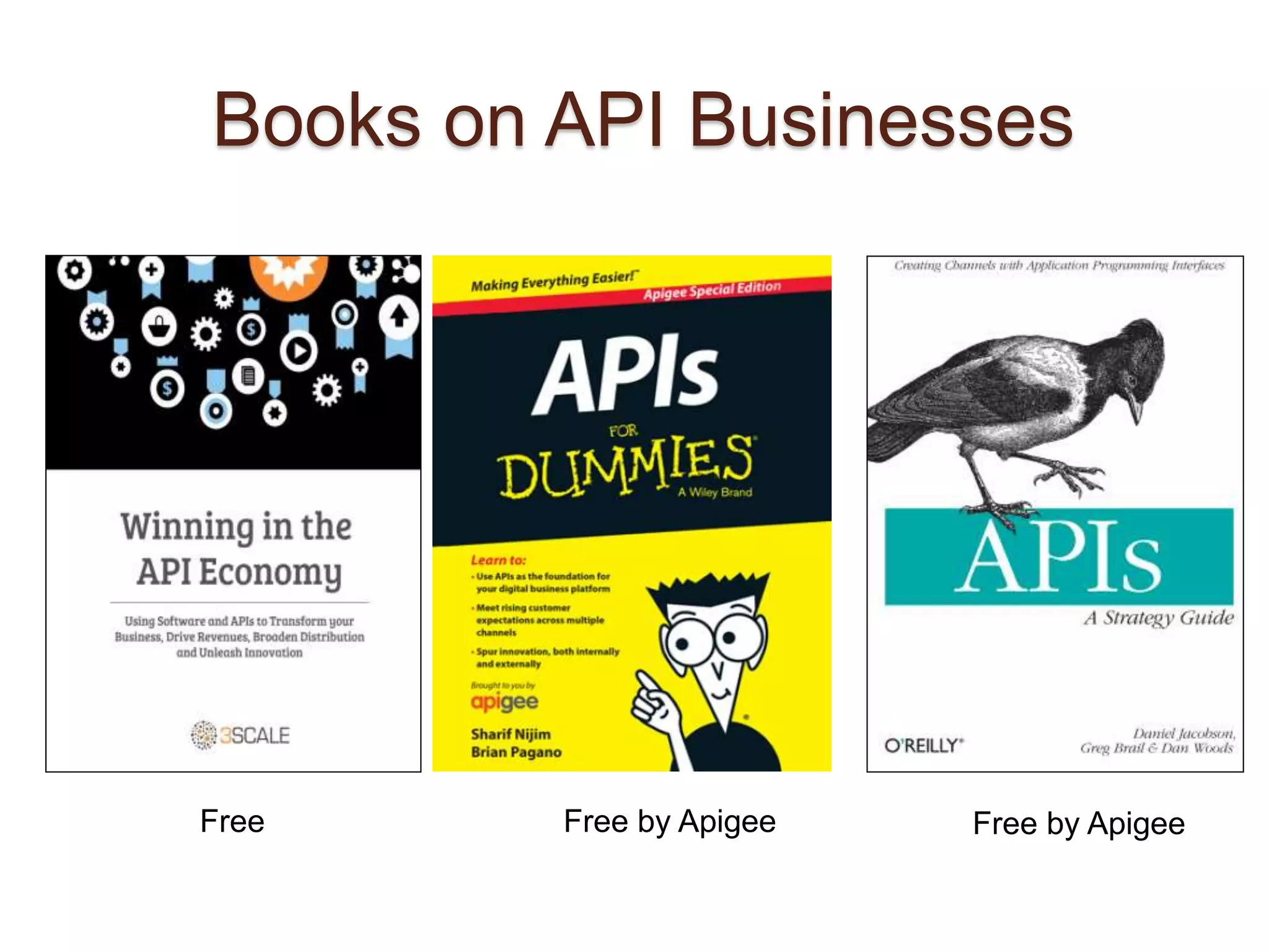 Books on API Businesses 
Free Free by Apigee Free by Apigee 
 