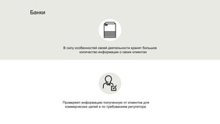 Банки
В силу особенностей своей деятельности хранят большое
количество информации о своих клиентах
Проверяют информацию полученную от клиентов для
коммерческих целей и по требованиям регулятора
 