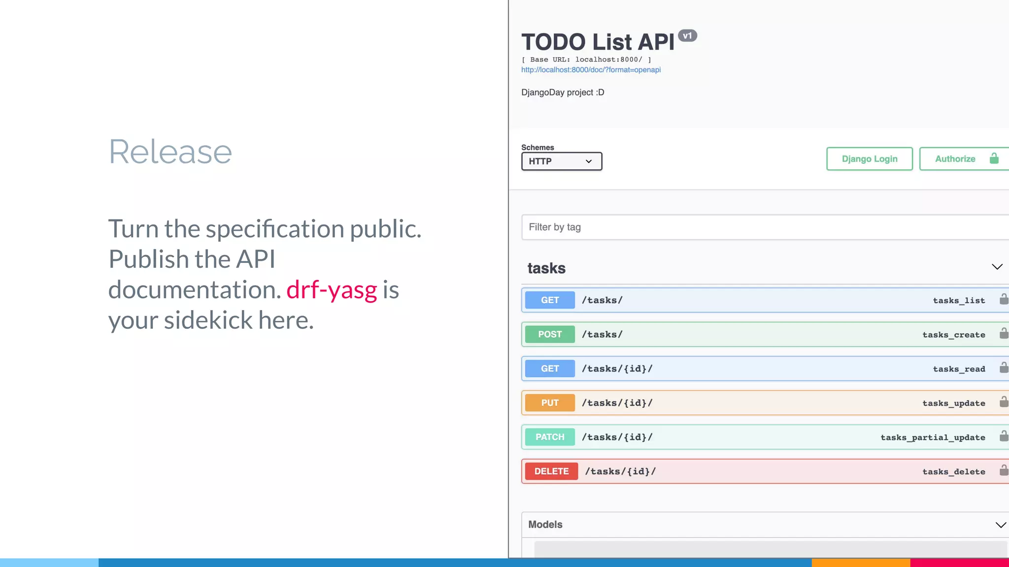 Release
Turn the speciﬁcation public.
Publish the API
documentation. drf-yasg is
your sidekick here.
 