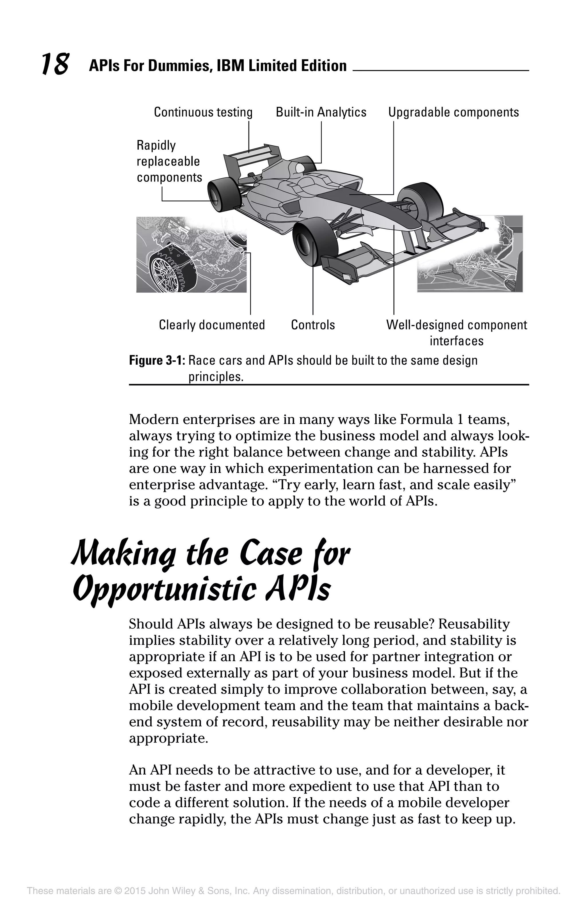 APIs For Dummies, IBM Limited Edition18
Figure 3-1: Race cars and APIs should be built to the same design
principles.
Modern enterprises are in many ways like Formula 1 teams,
always trying to optimize the business model and always look-
ing for the right balance between change and stability. APIs
are one way in which experimentation can be harnessed for
enterprise advantage. “Try early, learn fast, and scale easily”
is a good principle to apply to the world of APIs.
Making the Case for
Opportunistic APIs
Should APIs always be designed to be reusable? Reusability
implies stability over a relatively long period, and stability is
appropriate if an API is to be used for partner integration or
exposed externally as part of your business model. But if the
API is created simply to improve collaboration between, say, a
mobile development team and the team that maintains a back-
end system of record, reusability may be neither desirable nor
appropriate.
An API needs to be attractive to use, and for a developer, it
must be faster and more expedient to use that API than to
code a different solution. If the needs of a mobile developer
change rapidly, the APIs must change just as fast to keep up.
These materials are © 2015 John Wiley  Sons, Inc. Any dissemination, distribution, or unauthorized use is strictly prohibited.
 