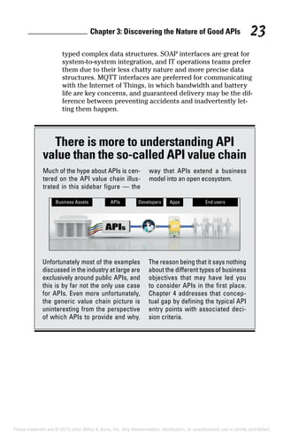 Chapter 3: Discovering the Nature of Good APIs 23
typed complex data structures. SOAP interfaces are great for
system-to-system integration, and IT operations teams prefer
them due to their less chatty nature and more precise data
structures. MQTT interfaces are preferred for communicating
with the Internet of Things, in which bandwidth and battery
life are key concerns, and guaranteed delivery may be the dif-
ference between preventing accidents and inadvertently let-
ting them happen.
There is more to understanding API
value than the so-called API value chain
Much of the hype about APIs is cen-
tered on the API value chain illus-
trated in this sidebar figure — the
way that APIs extend a business
model into an open ecosystem.
Unfortunately most of the examples
discussed in the industry at large are
exclusively around public APIs, and
this is by far not the only use case
for APIs. Even more unfortunately,
the generic value chain picture is
uninteresting from the perspective
of which APIs to provide and why.
The reason being that it says nothing
about the different types of business
objectives that may have led you
to consider APIs in the first place.
Chapter 4 addresses that concep-
tual gap by defining the typical API
entry points with associated deci-
sion criteria.
These materials are © 2015 John Wiley  Sons, Inc. Any dissemination, distribution, or unauthorized use is strictly prohibited.
 