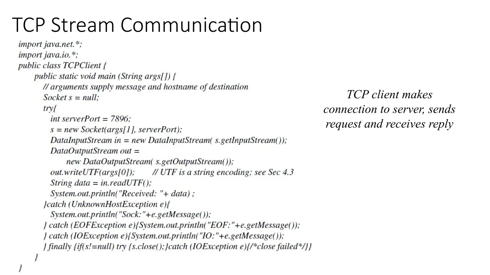TCP Stream Communication
TCP client makes
connection to server, sends
request and receives reply
 