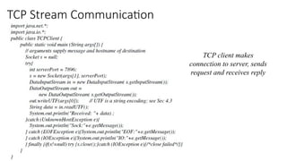 TCP Stream Communication
TCP client makes
connection to server, sends
request and receives reply
 