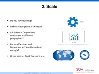 Copyright © 2001-2013 SOA Software, Inc. All Rights Reserved.
2. Scale
• Do you have caching?
• Is the API too granular? Chatty?
• API Latency. Do you have
consumers in different
geographies?
• Backend Services and
Dependencies? Are they robust
enough?
• Other basics – Fault Tolerance, etc.
APIs
Scale
 