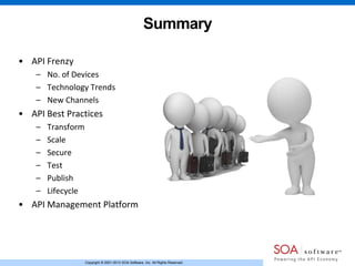 Copyright © 2001-2013 SOA Software, Inc. All Rights Reserved.Copyright © 2001-2013 SOA Software, Inc. All Rights Reserved.
Summary
• API Frenzy
– No. of Devices
– Technology Trends
– New Channels
• API Best Practices
– Transform
– Scale
– Secure
– Test
– Publish
– Lifecycle
• API Management Platform
 