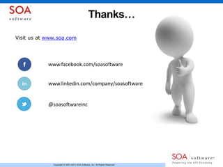 Copyright © 2001-2013 SOA Software, Inc. All Rights Reserved.
Thanks…
Visit us at www.soa.com
www.facebook.com/soasoftware
www.linkedin.com/company/soasoftware
@soasoftwareinc
 