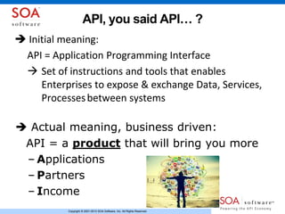 Copyright © 2001-2013 SOA Software, Inc. All Rights Reserved.Copyright © 2001-2013 SOA Software, Inc. All Rights Reserved.
API, you said API… ?
 Initial meaning:
API = Application Programming Interface
 Set of instructions and tools that enables
Enterprises to expose & exchange Data, Services,
Processesbetween systems
 Actual meaning, business driven:
API = a product that will bring you more
– Applications
– Partners
– Income
 