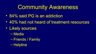 Community Awareness
• 84% said PG is an addiction
• 40% had not heard of treatment resources
• Likely sources
– Media
– Friends / Family
– Helpline
 