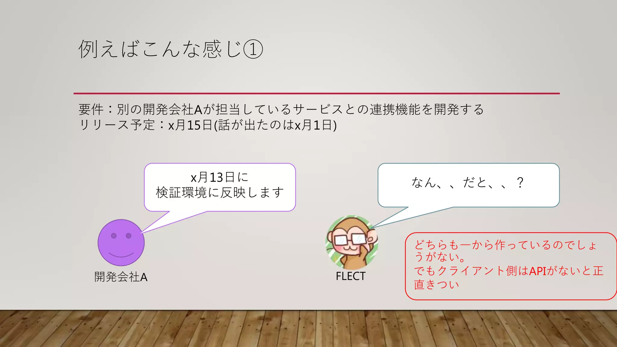 例えばこんな感じ①
要件：別の開発会社Aが担当しているサービスとの連携機能を開発する
リリース予定：x月15日(話が出たのはx月1日)
x月13日に
検証環境に反映します
なん、、だと、、？
開発会社A FLECT
どちらも一から作っているのでしょ
うがない。
でもクライアント側はAPIがないと正
直きつい
 