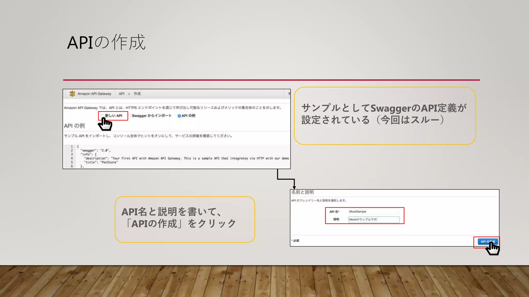 APIの作成
サンプルとしてSwaggerのAPI定義が
設定されている（今回はスルー）
API名と説明を書いて、
「APIの作成」をクリック
 