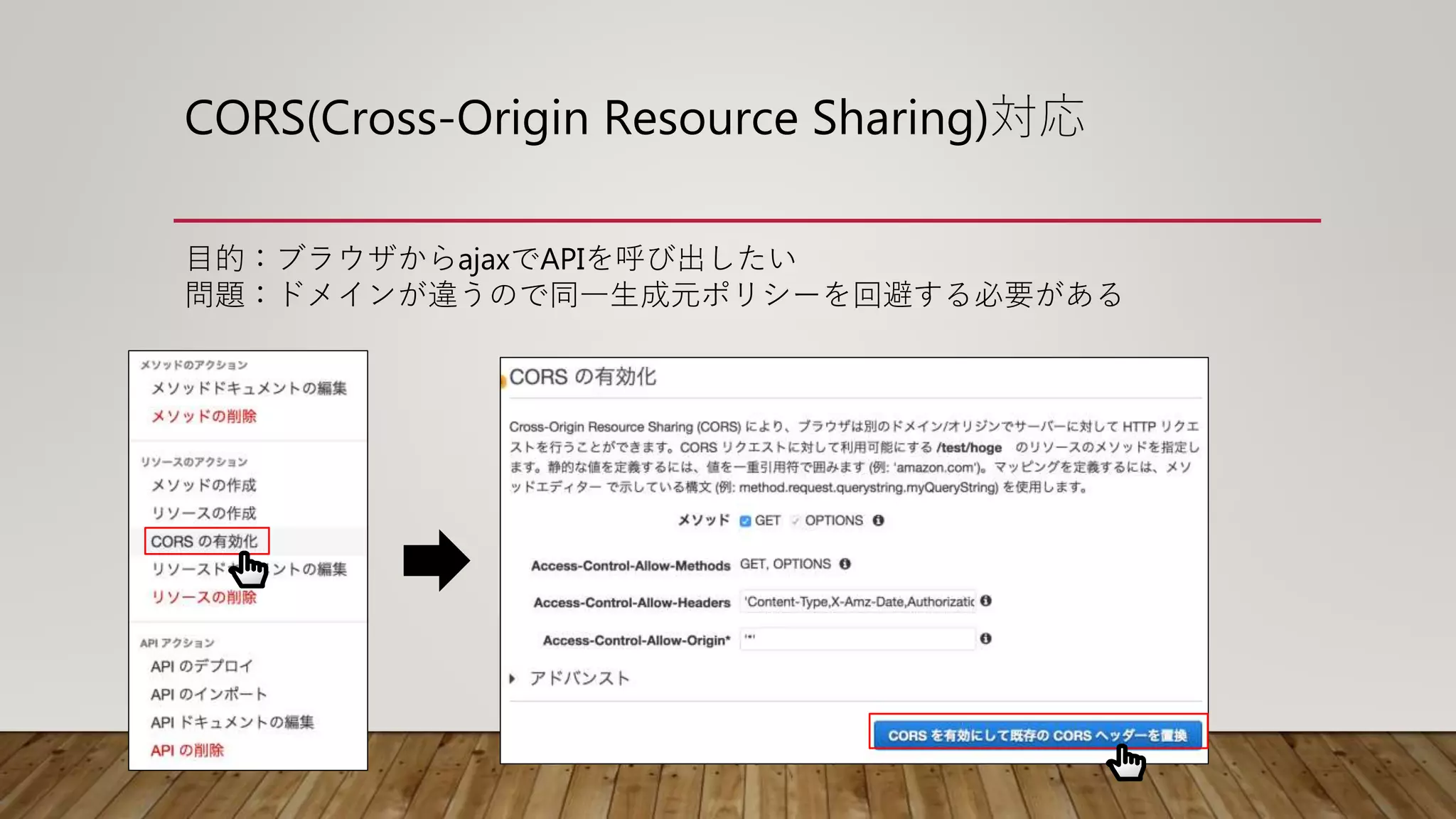 CORS(Cross-Origin Resource Sharing)対応
目的：ブラウザからajaxでAPIを呼び出したい
問題：ドメインが違うので同一生成元ポリシーを回避する必要がある
 