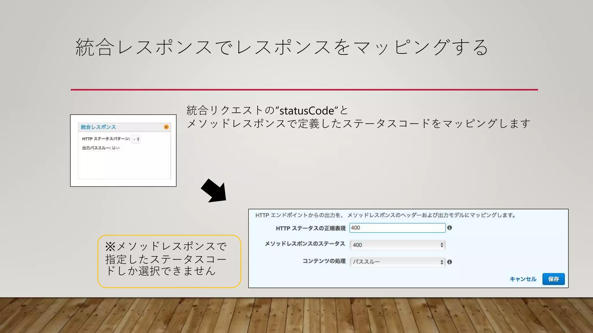 統合レスポンスでレスポンスをマッピングする
統合リクエストの”statusCode”と
メソッドレスポンスで定義したステータスコードをマッピングします
※メソッドレスポンスで
指定したステータスコー
ドしか選択できません
 