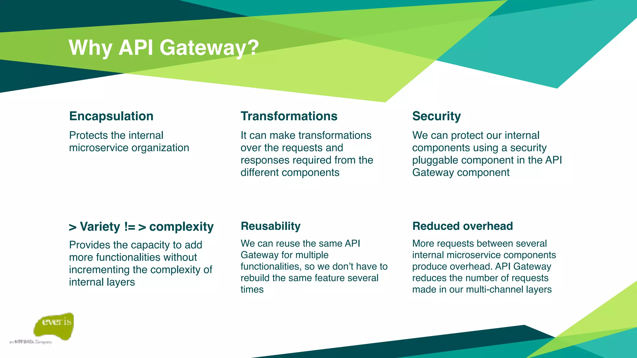 Why API Gateway?
Encapsulation
Protects the internal
microservice organization
Transformations
It can make transformations
over the requests and
responses required from the
different components
Security
We can protect our internal
components using a security
pluggable component in the API
Gateway component
> Variety != > complexity
Provides the capacity to add
more functionalities without
incrementing the complexity of
internal layers
Reusability
We can reuse the same API
Gateway for multiple
functionalities, so we don’t have to
rebuild the same feature several
times
Reduced overhead
More requests between several
internal microservice components
produce overhead. API Gateway
reduces the number of requests
made in our multi-channel layers
 