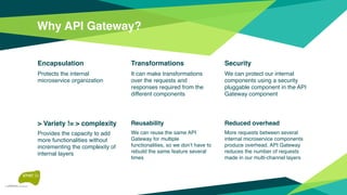 Why API Gateway?
Encapsulation
Protects the internal
microservice organization
Transformations
It can make transformations
over the requests and
responses required from the
different components
Security
We can protect our internal
components using a security
pluggable component in the API
Gateway component
> Variety != > complexity
Provides the capacity to add
more functionalities without
incrementing the complexity of
internal layers
Reusability
We can reuse the same API
Gateway for multiple
functionalities, so we don’t have to
rebuild the same feature several
times
Reduced overhead
More requests between several
internal microservice components
produce overhead. API Gateway
reduces the number of requests
made in our multi-channel layers
 
