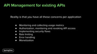 API Management for existing APIs
Many APIs have to deal with a lot of responsibilities beyond business logic.
These responsibilities might include:
● Monitoring and collecting usage metrics
● Authorization, monitoring and revoking API access
● Implementing security ﬂows
● Rate limiting
● Error handling
● Monetization
10
Reality is that you have all these concerns per application
 