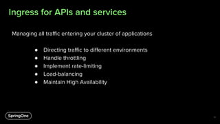 Ingress for APIs and services
Managing all traﬃc entering your cluster of applications
● Directing traﬃc to diﬀerent environments
● Handle throttling
● Implement rate-limiting
● Load-balancing
● Maintain High Availability
15
 