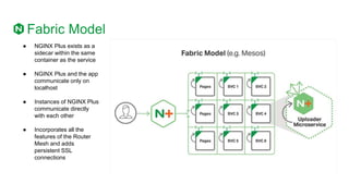 Fabric Model
● NGINX Plus exists as a
sidecar within the same
container as the service
● NGINX Plus and the app
communicate only on
localhost
● Instances of NGINX Plus
communicate directly
with each other
● Incorporates all the
features of the Router
Mesh and adds
persistent SSL
connections
 