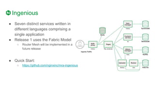 Ingenious
● Seven distinct services written in
different languages comprising a
single application
● Release 1 uses the Fabric Model
○ Router Mesh will be implemented in a
future release
● Quick Start:
○ https://github.com/nginxinc/mra-ingenious
 