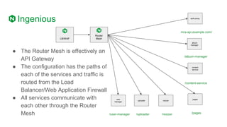 Ingenious
● The Router Mesh is effectively an
API Gateway
● The configuration has the paths of
each of the services and traffic is
routed from the Load
Balancer/Web Application Firewall
● All services communicate with
each other through the Router
Mesh
auth-proxy
album
manager
content
service
mra-api.example.com/
/content-service
Router
Mesh
/album-manager
pages
/pages
resizer
/resizer
uploader
/uploader
user
manager
/user-manager
LB/WAF
 