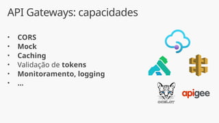 API Gateways: capacidades
• CORS
• Mock
• Caching
• Validação de tokens
• Monitoramento, logging
• ...
 