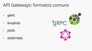 API Gateways: formatos comuns
• gRPC
• GraphQL
• JSON
• SOAP/XML
 
